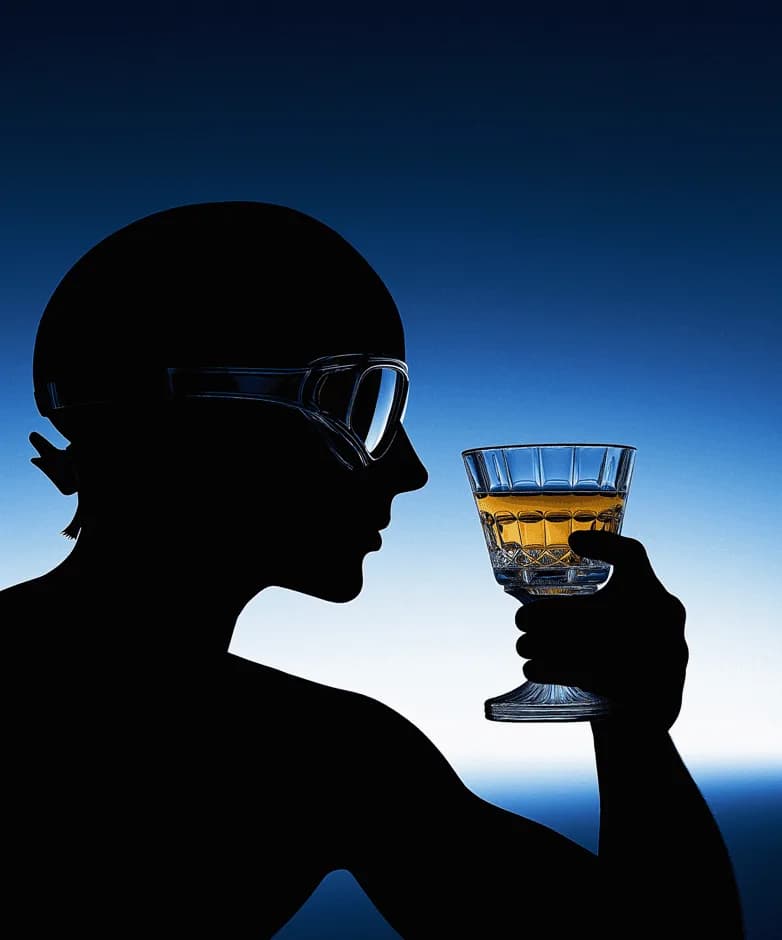 A silhouetted figure in a helmet raising a glass against a deep blue sky.